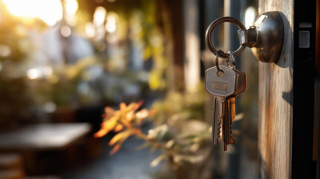 Unlocked entrance with access devices of dwelling defocused door background house key display residential entry scene home access visualization with copy space
