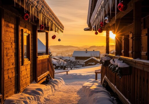 Winter wonderland scene with snow-covered chalets and festive decorations at sunset