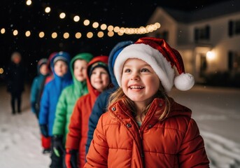 Children in winter coats and Santa hats enjoy a snowy Christmas evening