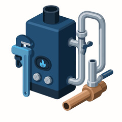 Gas boiler equipment with pipes in isometric illustration style, blue tones, home heating and plumbing system