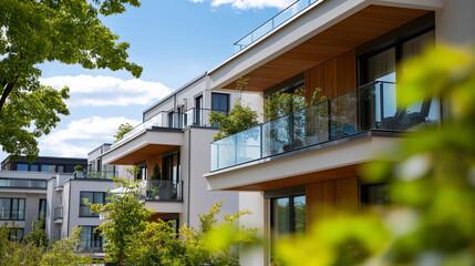 Fragment of contemporary residential apartment with flat structures exterior defocused architectural background detail of luxury dwelling complex city property condo design