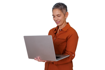 Senior businesswoman smiling, confidently using laptop, connecting online, working remotely with technology, transparent background