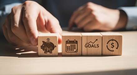 Hand arranging wooden blocks with financial planning and goal icons