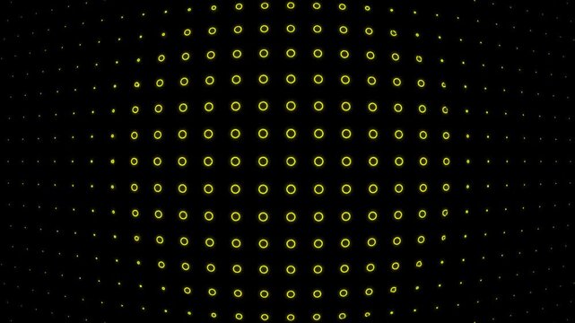Halftone dot wave motion pattern seamless looped background. Animated grid of yellow glowing dots texture against black backdrop, gradient effect overlay