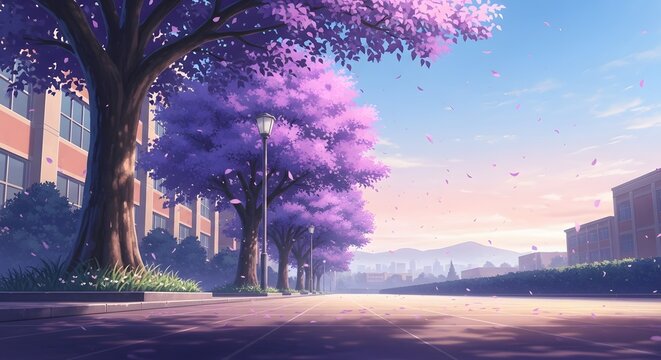 AnimeStyle School Scene Purple Trees Petals and Serene Landscape.
