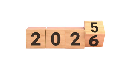 Wooden blocks showing the digits of the year 2026, with the last cube rotating from 2025 to 2026 on transparent background, representing time passing