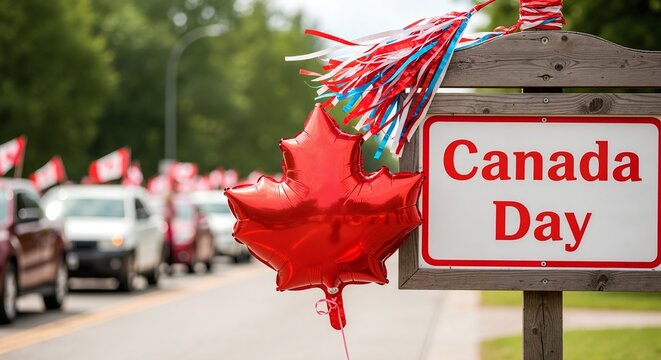 A sign reading Canada Day with a red maple leaf balloon. Patriotic community parade celebrating a national holiday in summer