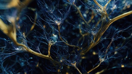 Intricate Blue and Gold Filament Network With Delicate Fibers, Abstract Macro Texture