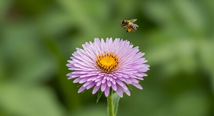 Obraz premium Honeybee in Flight Approaching a Purple Aster Flower Pollen Visible.
