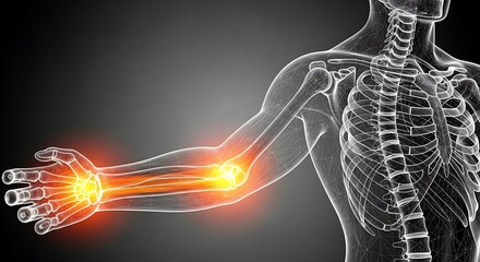 Human arm anatomy with glowing pain at wrist and elbow joints, X-ray view, medical illustration.