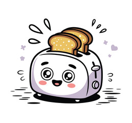 Cute toaster with bread cartoon illustration on white background design element