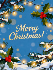 Festive Merry Christmas Greeting Card with Lights, Holly, and Snowy Pine Branches