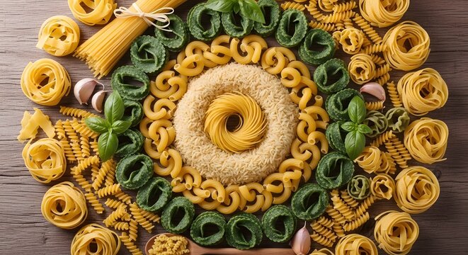 Intricate Culinary Mandala of Assorted Dry Pasta Rice and Aromatic Herbs on Wood.