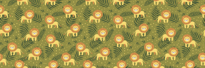A seamless pattern with cute cartoon lions and tropical leaves on a green background. Playful, child-friendly design perfect for kids textiles, wallpapers, wrapping paper, and nursery decor.