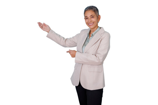 Confident mature businesswoman smiling, presenting copy space, welcoming and directing attention with hand gestures, transparent background - Powered by Adobe
