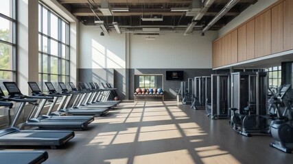 An aesthetically pleasing gymnasium, showcasing fitness equipment and abundant natural lighting. 4k video
