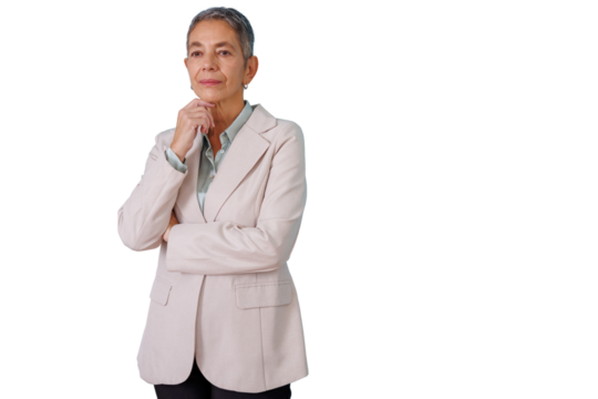 Senior businesswoman thinking, contemplating a new strategy, making important decisions, transparent background - Powered by Adobe