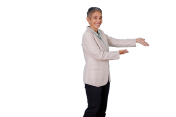 Mature businesswoman presenting and welcoming, smiling confidently and gesturing with hands offering space, transparent background