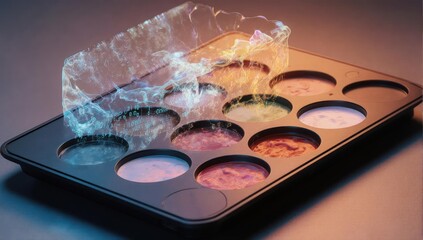 Muffin tin filled with colorful substances, with a ghostly overlay