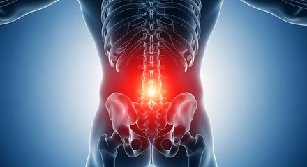 Human skeleton with glowing lumbar spine indicating lower back pain, medical 3D illustration.
