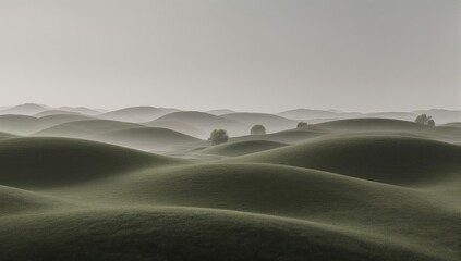 Rolling, grassy hills dissolve into a hazy atmosphere