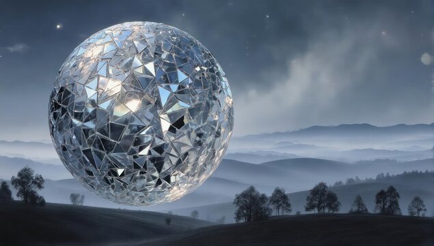 Gleaming sphere floats over a misty landscape with distant hills - Powered by Adobe