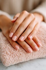 Naklejka premium Elegant natural manicure with soft pink polish and cozy towel in a relaxed setting