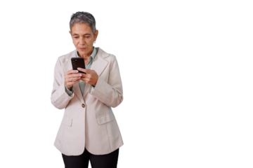 Mature businesswoman using smartphone, checking messages, staying connected, typing, transparent background