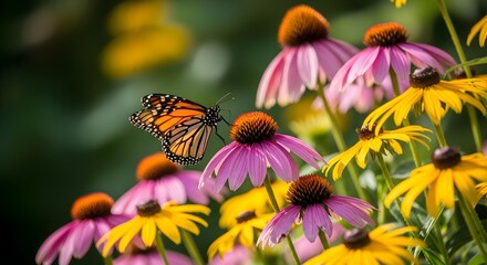 Vibrant Monarch Butterfly Alighting on Purple Coneflower Amidst Sunny Garden Blooms.