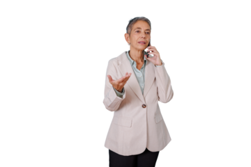 Senior businesswoman communicating on a cell phone, gesturing and discussing, making a call, transparent background