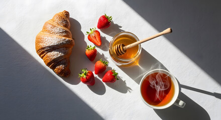 Fresh croissant with strawberries and honey beside steaming tea  