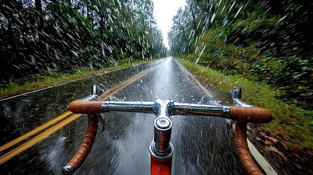 Bicycle riding on wet road during heavy rain