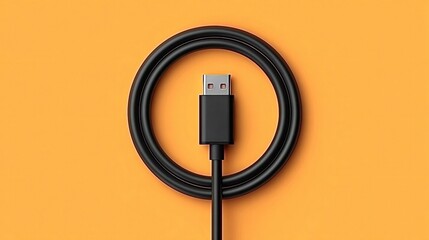 Black usb cable forming circle on orange background