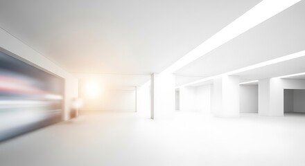 Empty modern white interior architecture with pillars, linear lighting, and bright spacious design.