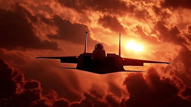 F 15 fighter jet flying at sunset through dramatic sky