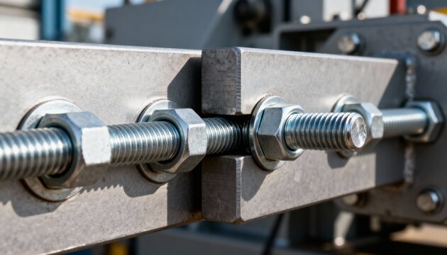 Medium shot of industrial bolted shear connection demonstrating secure load transfer between metal plates in a structural assembly.
