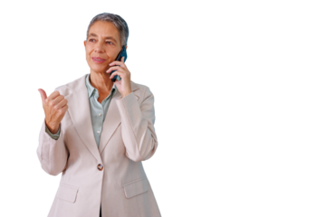 Mature businesswoman talking on phone, giving thumbs up, communicating and achieving success with confidence