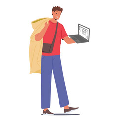 Man designer holding laptop computer with interior design blueprint project isolated on white