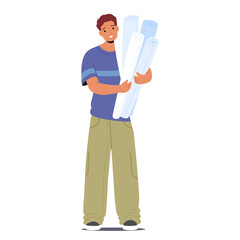 Man interior designer carrying drafting papers, blueprints scrolls isolated on white background
