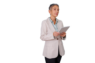 Experienced businesswoman holding digital tablet for professional work, reviewing data and managing tasks, posing with transparent background