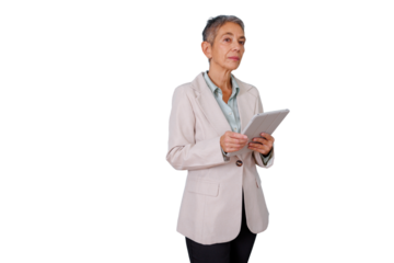 Experienced businesswoman holding digital tablet for professional work, reviewing data and managing tasks, posing with transparent background