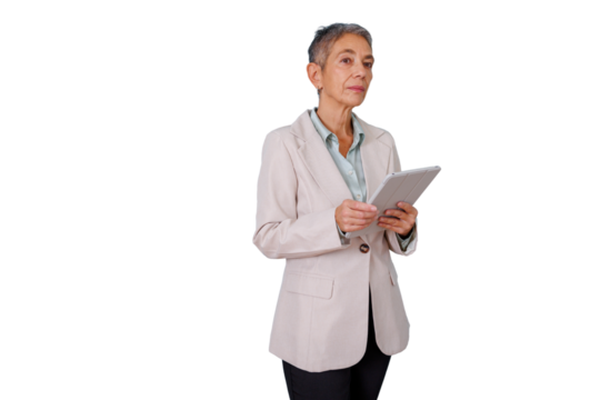 Experienced businesswoman holding digital tablet for professional work, reviewing data and managing tasks, posing with transparent background