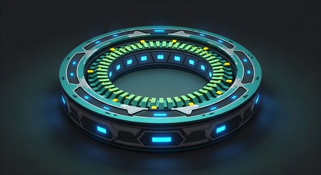 A circular, futuristic high-tech component with glowing blue and green lights and intricate circuitry. - Powered by Adobe
