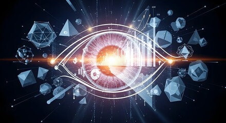 Futuristic digital eye interface displaying holographic data charts and abstract geometric shapes.