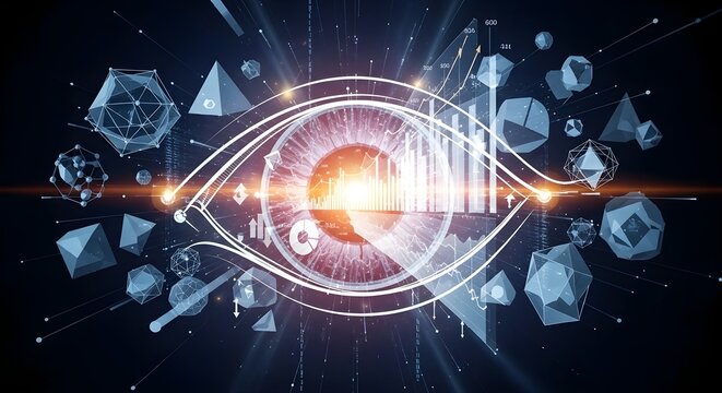 Futuristic digital eye interface displaying holographic data charts and abstract geometric shapes.
