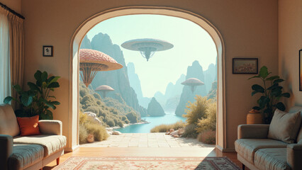 A normal, sunlit living room, but with a photorealistic portal revealing a breathtaking alien landscape, complete with floating islands and strange flora.