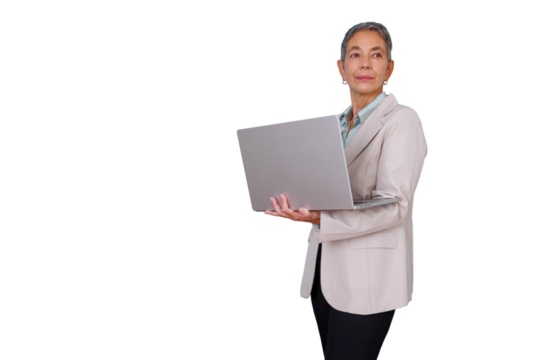 Mature businesswoman holding laptop, looking away with thoughtful expression, professional standing, transparent background