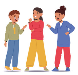 Two girls and boy cartoon characters playing traditional paper rock scissors classic hand game