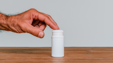 Man's hand opening a white plastic medicine bottle on a wooden table. Healthcare and pharmaceutical product mockup with copy space