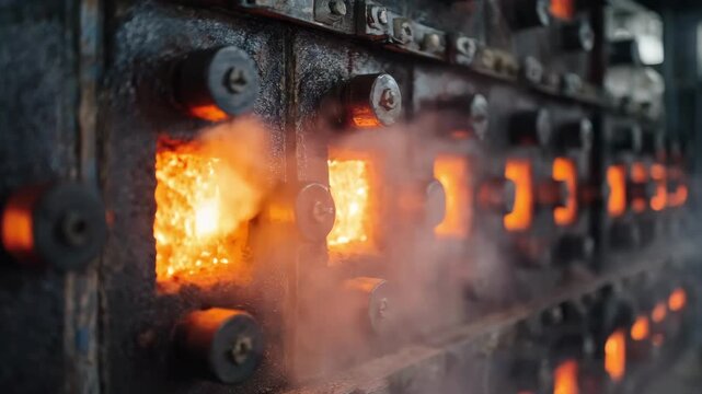 Detailed medium shot showing controlled heating cycles on industrial furnace panels as metals undergo heat treatment to alter crystal structure and mechanical properties.
